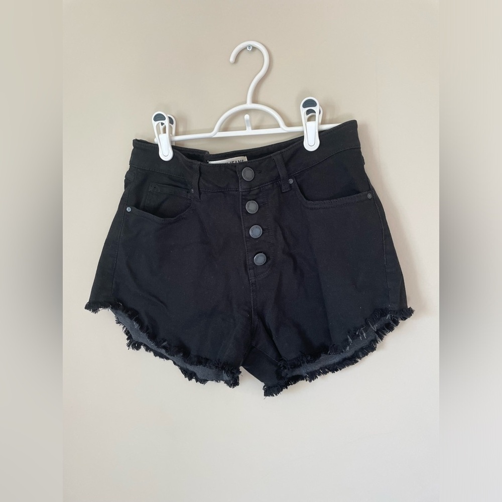 Brody high waisted Black stretchy denim distressed Jean Shorts with buttons. 29